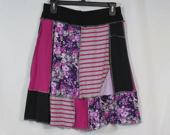 Upcycled Patchwork Skirt Above Knee Recycled Pink Purple Black Mixed Prints M 8/12