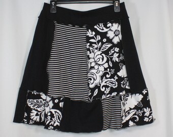 Upcycled Patchwork Skirt Above Knee Recycled Black White Mixed Prints M 8/12