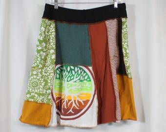 Upcycled Skirt Patchwork Recycled Fabric Knee Length A Line Tree Nature  Pocket L 14/18