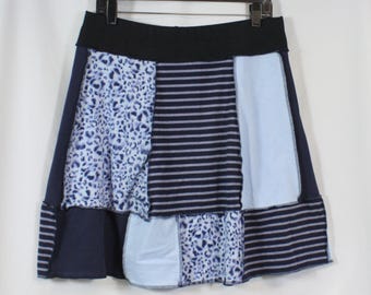 Upcycled Skirt Patchwork Recycled Above Knee Navy Blue Animal Print Stripes L 14/18
