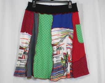 Upcycled Skirt Patchwork Recycled Fabric At Knee With Pocket Boats Cottage Red Blue M 8-12
