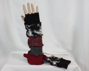 Arm Warmers Fingerless Gloves Recycled Sweaters Upcycled Wool Blends Black Burgundy 1 Size