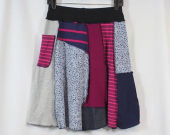 Upcycled Skirt Patchwork Recycled Knee Length A Line Blue Navy Fuchsia Pink Pocket S 4/8