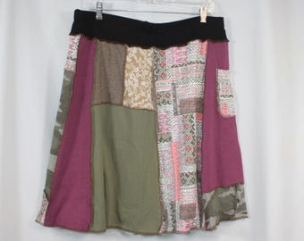 Upcycled Skirt Patchwork Recycled Fabric Twirl Knee Length A Line Green Pink Brown With Pocket XL 16-22