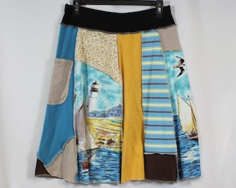 Upcycled Skirt Patchwork Recycled Fabric At Knee With Pocket Tan Teal Boats Sailing M 8-12