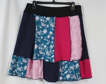 Upcycled Skirt Patchwork Recycled Mixed Prints Above Knee Blue Teal Pink L 14/18