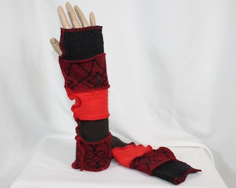 Arm Warmers Fingerless Gloves Recycled Sweaters Upcycled Wool Blends Red Black 1 Size