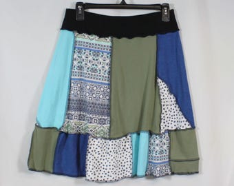 Upcycled Patchwork Skirt Above Knee Recycled Blue Green Mixed Prints M 8/12