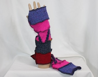 Arm Warmers Fingerless Gloves Recycled Sweaters Upcycled Wool Blends Pink Blue 1 Size