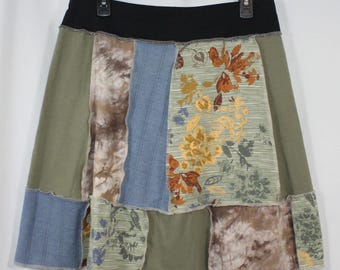 Upcycled Skirt Patchwork Recycled Above Knee Mixed Prints Green Blue Brown L 14/18