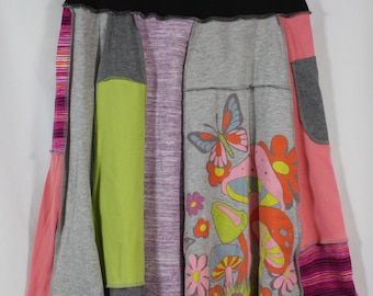 Upcycled Skirt Patchwork Recycled Fabric At Knee With Pocket Mushrooms Whimsical M 8-12