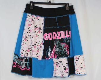 Upcycled Patchwork Skirt Above Knee Recycled Pink Black Godzilla M 8/12