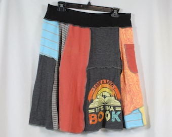 Upcycled Skirt Patchwork Recycled Fabric Knee Length A Line Book Lover Teacher Pocket L 14/18