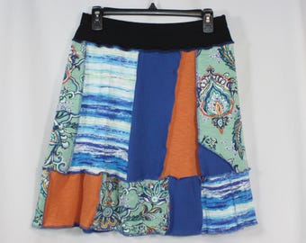 Upcycled Patchwork Skirt Above Knee Recycled Blue Teal Orange Mixed Prints M 8/12