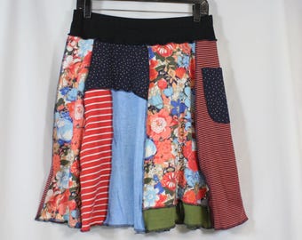 Upcycled Skirt Patchwork Recycled Fabric At Knee With Pocket Navy Coral Mixed M 8-12