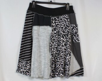 Upcycled Skirt Patchwork Recycled Fabric At Knee With Pocket Black Gray Animal M 8-12