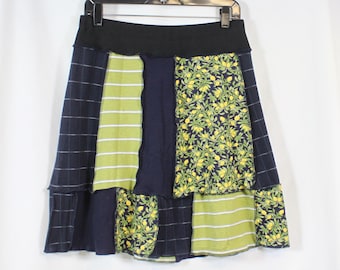Upcycled Patchwork Skirt Above Knee Recycled Fabric Lemons Navy Blue Green Yellow M 8/12
