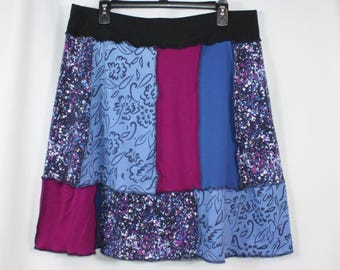 Upcycled Skirt Patchwork Recycled Fabric Above Knee Blue Fuchsia Speckles XL 16-22