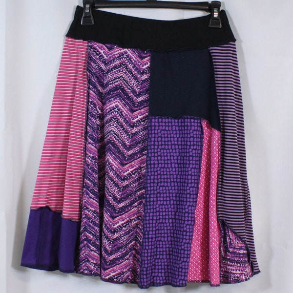 Upcycled Skirt Recycled Pieced Patchwork Cotton Knee Length Polka Dots Zig Zags Purple Pink Twirly Fun S 4/8