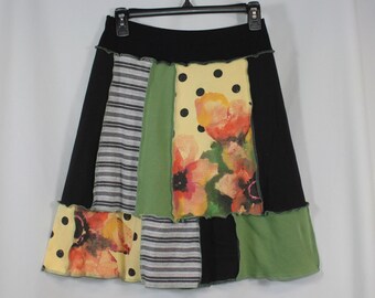 Upcycled Skirt Recycled Fabric Mixed Prints Above Knee Bold Floral Polka Dots S 4/8