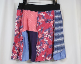 Upcycled Skirt Patchwork Recycled Fabric Twirl Knee Length A Line Pink Blue With Pocket XL 16-22