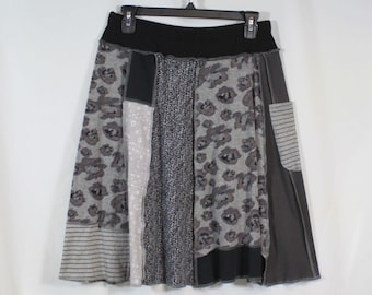 Upcycled Skirt Patchwork Recycled Fabric At Knee With Pocket Black Gray Floral M 8-12