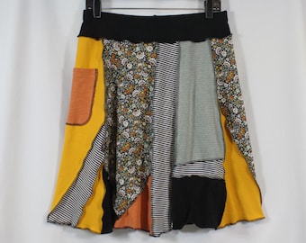 Upcycled Skirt Patchwork Recycled Fabric At Knee With Pocket Black Yellow Mixed M 8-12