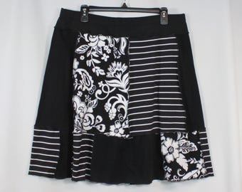 Upcycled Skirt Patchwork Recycled Fabric Above Knee Black White XL 16-22