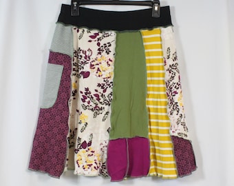 Upcycled Skirt Patchwork Recycled Fabric At Knee With Pocket Green Purple Mixed M 8-12