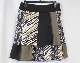 Upcycled Patchwork Skirt Above Knee Recycled Mixed Prints Black Tan Animal Print M 8/12