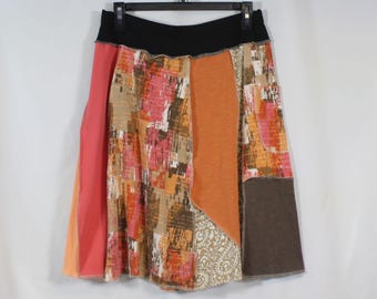 Upcycled Skirt Patchwork Recycled Fabric At Knee With Pocket Tan Coral Brown M 8-12
