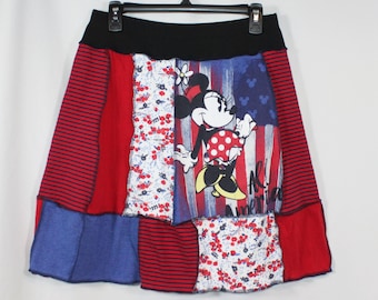 Upcycled Patchwork Skirt Above Knee Recycled Minnie Mouse All American USA M 8/12