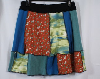 Falda reciclada Patchwork Camiseta Reciclada Por encima de la rodilla Pájaros Floral Teal Rust Turquesa XL 16-22