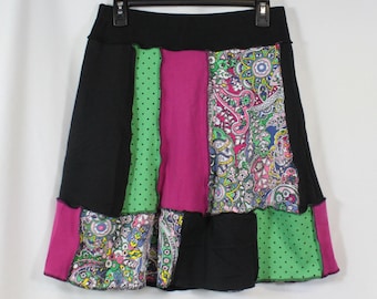 Upcycled Patchwork Skirt Above Knee Recycled Fabrics Black Pink Green M 8/12