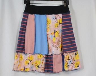 Upcycled Skirt Recycled Fabric Mixed Prints Above Knee Pink Blue Floral S 4/8