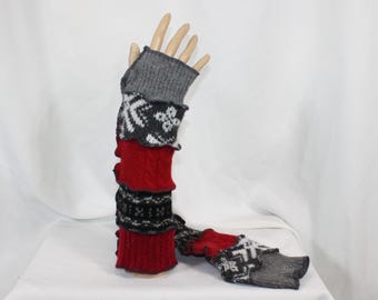 Arm Warmers Fingerless Gloves Recycled Sweaters Upcycled Wool Blends Black Red Gray 1 Size