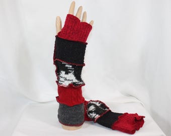 Arm Warmers Fingerless Gloves Recycled Sweaters Upcycled Wool Blends Red Black Gray 1 Size