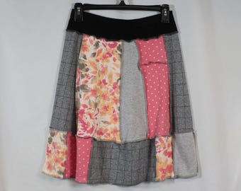 Upcycled Skirt Recycled Fabric Mixed Prints Above Knee Pink Polka Dot Gray Multi S 4/8