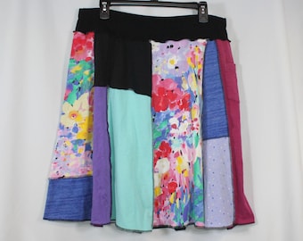 Upcycled Skirt Patchwork Recycled Fabric Twirl Knee Length A Line Perky Floral With Pocket XL 16-22