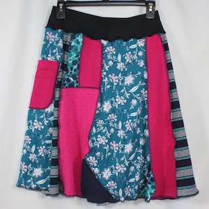Upcycled Skirt Patchwork Recycled Knee Length A Line Teal Pink Navy Pocket S 4/8