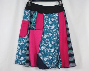 Upcycled Skirt Patchwork Recycled Knee Length A Line Teal Pink Navy Pocket S 4/8