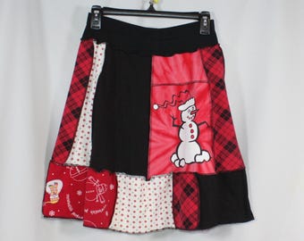 Upcycled Christmas Skirt Recycled Fabric Snowman Above Knee S 4/8