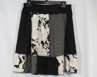 Upcycled Patchwork Skirt Above Knee Recycled Black White Tan Mixed Prints M 8/12