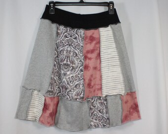 Upcycled Skirt Recycled Fabric Mixed Prints Above Knee Pink Gray Multi S 4/8