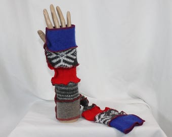 Arm Warmers Fingerless Gloves Recycled Sweaters Upcycled Wool Blends Blue Red Gray 1 Size