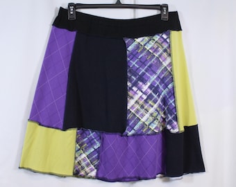 Falda reciclada Camiseta de patchwork Reciclada Por encima de la rodilla Cuadros alegres Estampados mixtos Púrpura Negro Verde XL 16-22