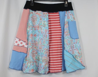 Upcycled Skirt Patchwork Recycled Fabric At Knee With Pocket Blue Peach Mixed Prints M 8-12