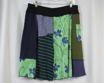 Upcycled Skirt Patchwork Recycled Fabric Twirl Knee Length A Line Navy Green With Pocket XL 16-22