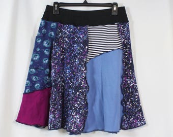 Upcycled Skirt Patchwork Recycled Fabric At Knee With Pocket Blue Speckles Mixed M 8-12