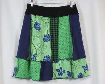 Upcycled Patchwork Skirt Above Knee Recycled Green Navy Dots Mixed Prints M 8/12